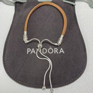 Pandora Moments Golden Tan Leather Slider Bracelet, Clear Cubic Zirconia